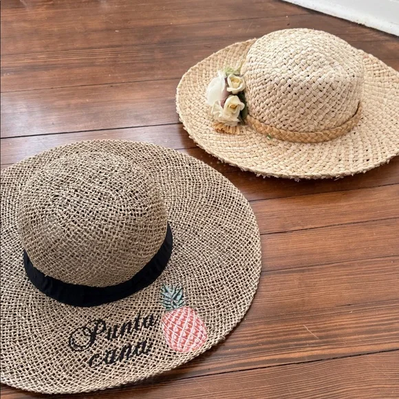 BUNDLE of 2 Straw Sun Hats with Floral Accent and Punta Cana - Picture 1 of 10